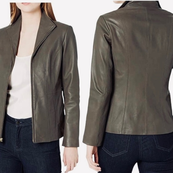 Cole Haan Jackets & Blazers - NWT Cole Haan Stone Lambskin Leather Wing Collar Jacket XS/TP
